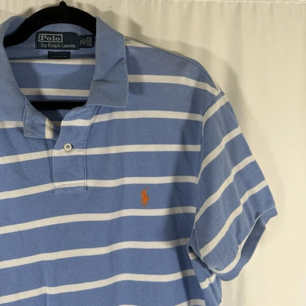 Polo Ralph Lauren Polo Shirt Mens XL Blue Striped Short Sleeve Custom Fit Cotton